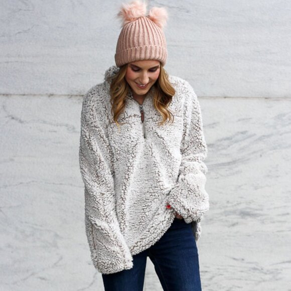 Thread and Supply Wubby Fleece Quarter Zip Soft Fuzzy Faux Fur Cozy Pullover Lar - Picture 2 of 16